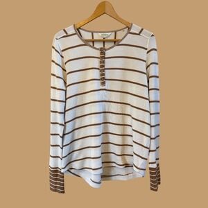 Wmns Tan/Cream Aventura Waffle Knit LS Striped Scoop Neck Henley M Casual Shirt